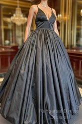 A Line V Neck Black Semi Formal Prom Dresses With Pocket Long Satin Formal Graduation Dress